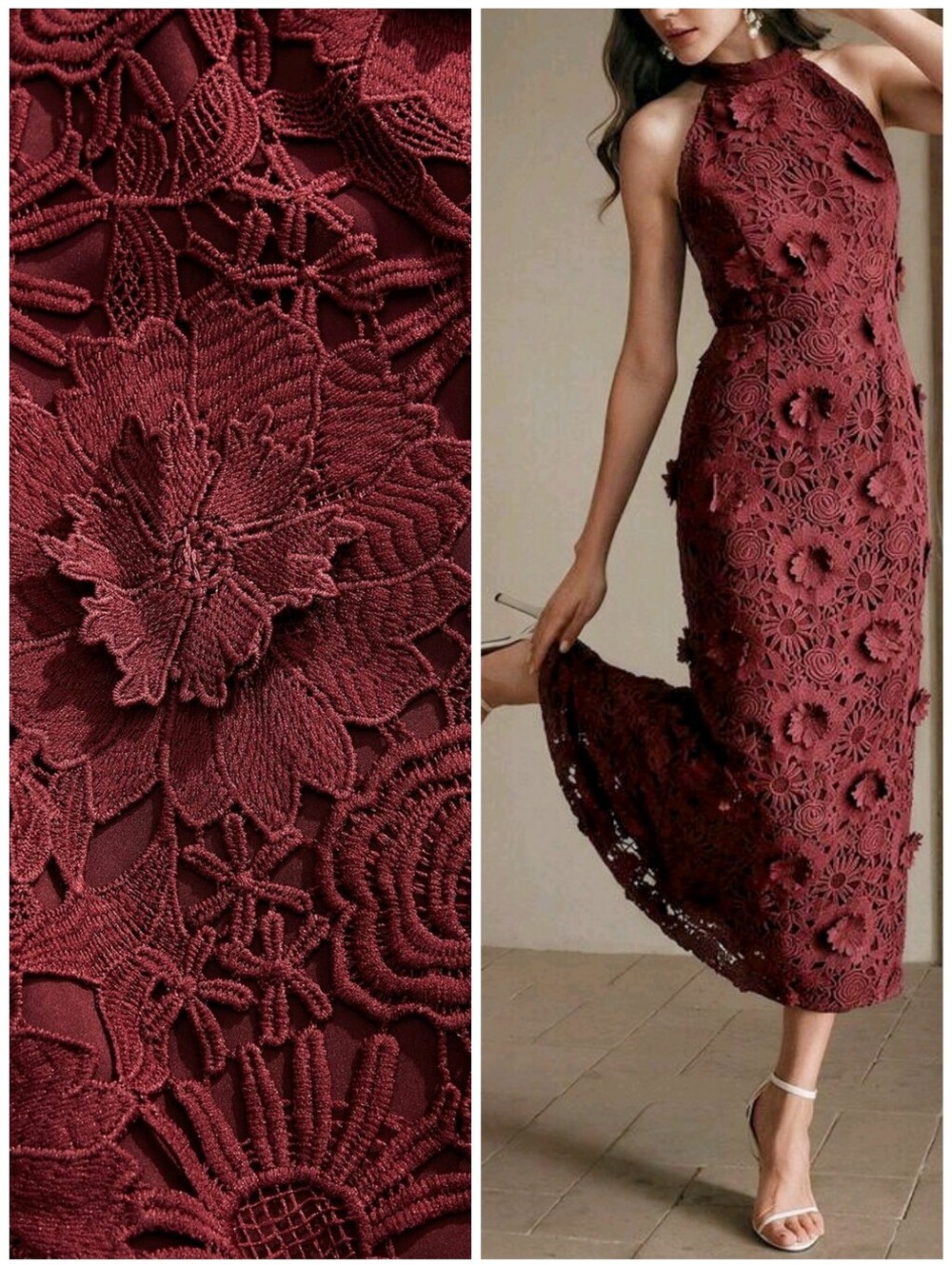 New Halter Lace Floral Long Dress Sleeveless Burgundy Red